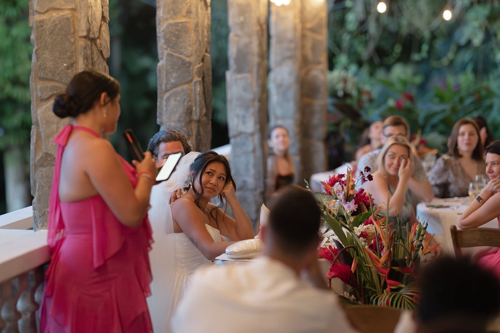 portrait of a bride and groom during speeches at their wedding reception held at one of the best wedding venues in rincon