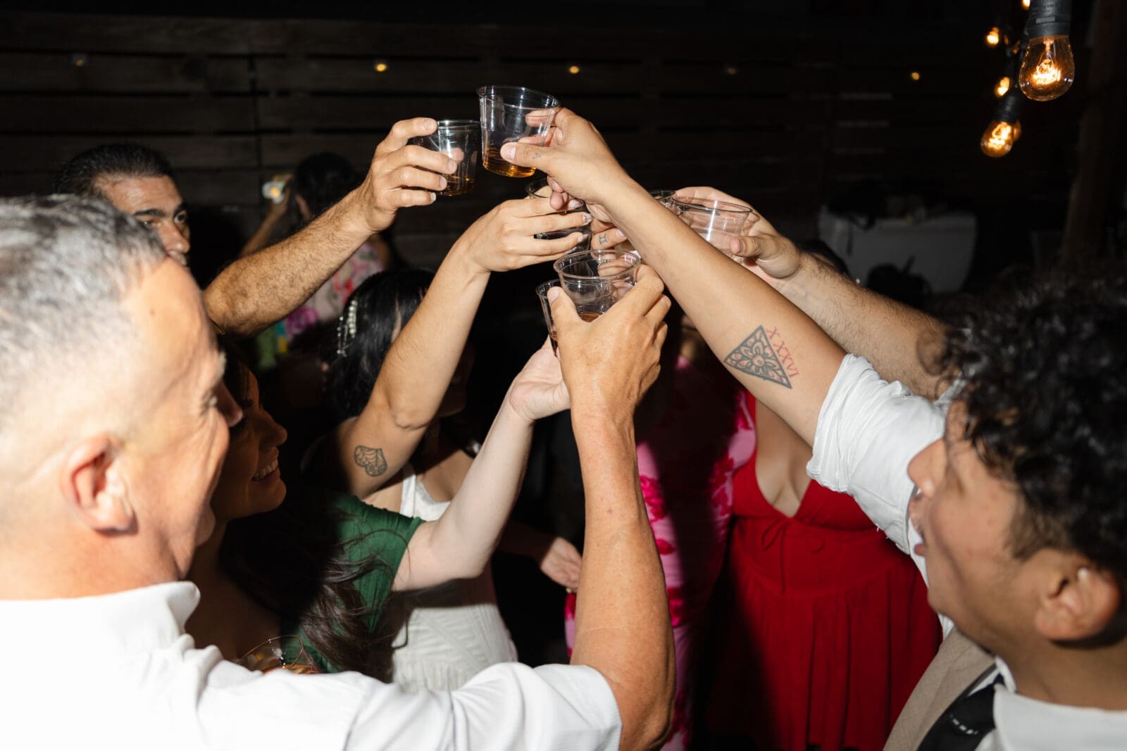 Wedding guests raising their glasses for a celebratory toast during the reception
